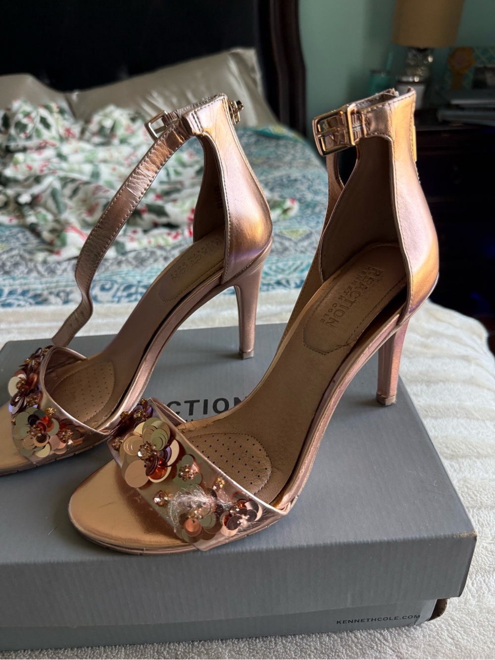 Kenneth Cole Rose Gold Sequin Ankle-Strap Heels